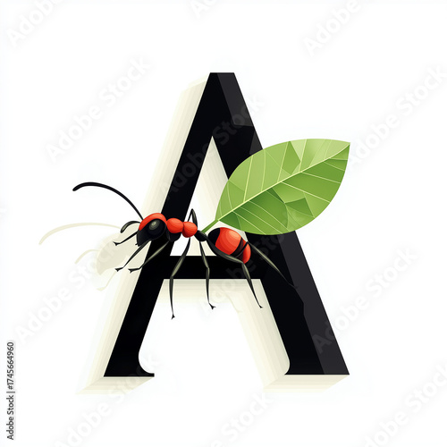 Geometric letter A in sans serif font with a single detailed ant carrying a leaf crossing through the crossbar, white backdrop, vector art style, crisp lines, no drop shadows