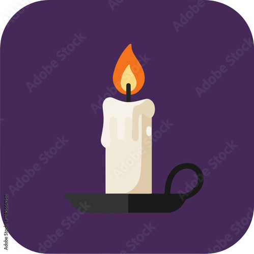 Single white candle with bright orange flame in black rectangular holder on deep purple background