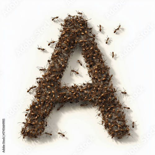 Contemporary sans serif A letterform with playful ant colony creating the letter shape, pure white background, clean 2D illustration, professional typography, no gradients or shadows