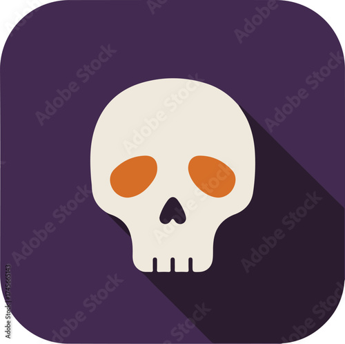 Minimalist portrait of a white skull with orange eye sockets on a purple background