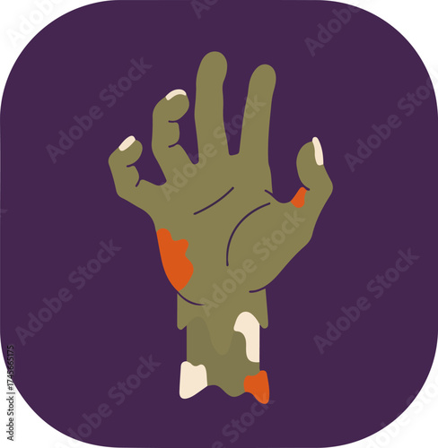 Cartoon-style skeletal hand with greenish-brown and orange tones on a dark purple background