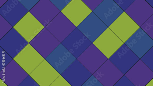 Abstract geometric pattern of rhombuses in green blue and purple hues