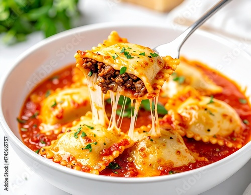 Close-up of cheesy baked beef ravioli with melted mozzarella