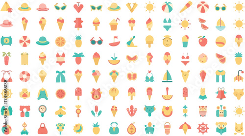 Vector art of summer themed icons in a flat design style for vacation and beach related topics