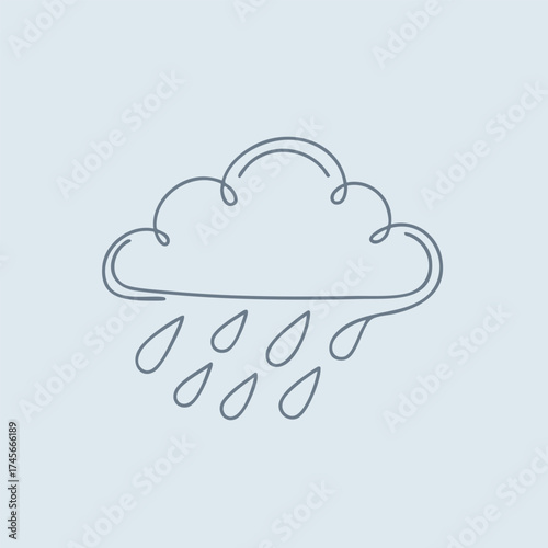 Minimalist line drawing of a cloud with raindrops symbolizing rainy weather on a light