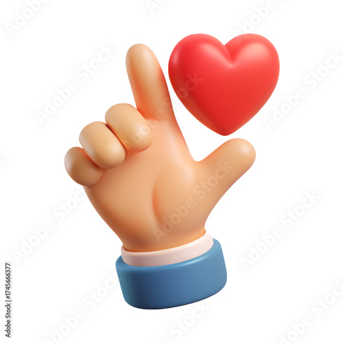 3D Cartoon Finger Heart Emoji with Red Heart Symbol Isolated on Transparent Background for Social Love Reactions