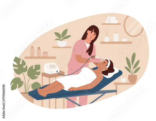 Skin care concept. Cosmetologist making ultrasonic cleaning and rejuvenation the face to beautiful woman on the spa center. Vector illustration in flat style.
