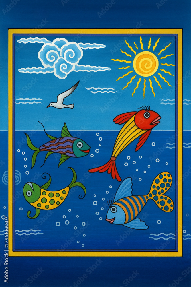 Fototapeta premium Colorful hand-painted miniature of cheerful fish and bright sea scene in a playful, childlike style. Perfect for children’s rooms and storybooks. Vector illustration. Fixed with AI.