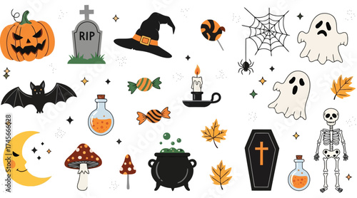 Illustration of various halloween items for spooky and festive themes