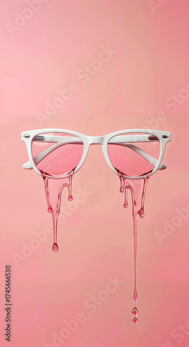 White-Framed Glasses with Melting Pink Lenses on Pink Background – Surreal Concept for Art, Fashion, or Editorial Use

