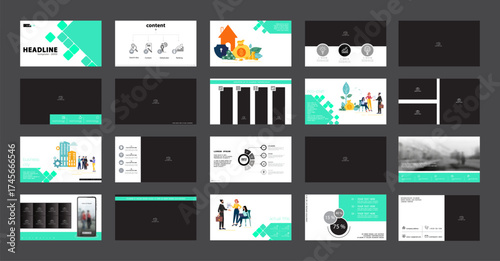 Business presentation infographics. Template design elements green rhombus, white background. Houses, people buying real estate in city, photo. Team of people businessman. Vector illustration