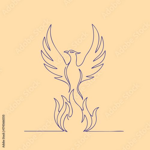 Elegant line drawing of a mythical phoenix rising from stylized flames with a soft pastel