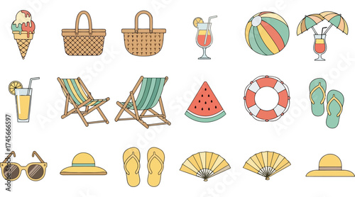 Illustration of various summer vacation items for travel and holiday themes