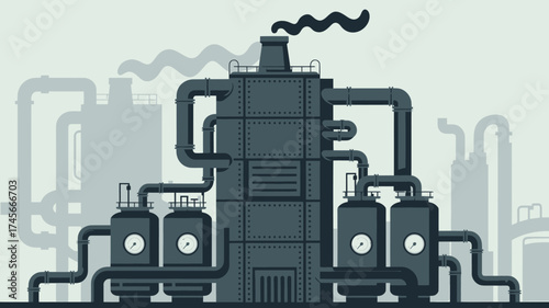 Vector illustration of a factory with pipes and smoke industrial plant in flat design suitable for infographic or background