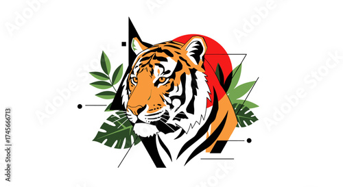 Striking tiger head with geometric shapes and tropical foliage illustration