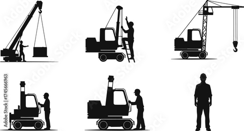 Construction workers silhouettes, heavy crane operation, building site teamwork, industrial machinery, safety equipment, engineering labor, architecture project, cad drawing flat vector illustration