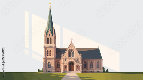 Illustration of a church building with a steeple set against a bright background suitable for architectural or religious themes