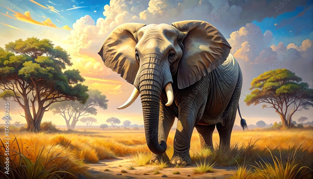 Fototapeta premium Stunning, highly detailed illustration of a majestic African elephant walking toward the camera through the golden grass of the savanna
