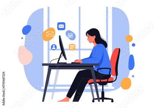 A woman is sitting at a desk working on a computer in an office with colorful abstract shapes.