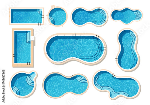 A collection of various swimming pool shapes and designs for outdoor recreation.