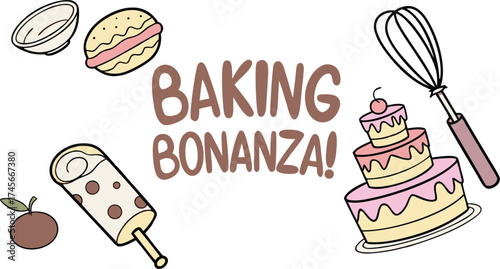 Delightful baking bonanza featuring a whimsical cake, pastry, and kitchen whisk for sweet treats and culinary celebrations, originally vector art