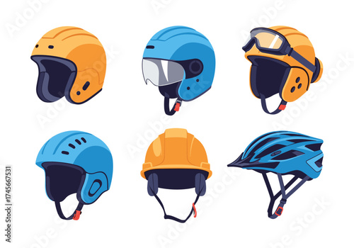 Collection of diverse protective headwear for various sports and activities.