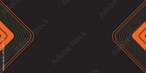 Black abstract wide horizontal banner with orange and gray lines, arrows and angles. Dark modern sporty bright futuristic abstract background. Wide vector illustration