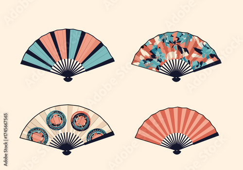 A collection of four decorative hand fans featuring diverse patterns and colors. .