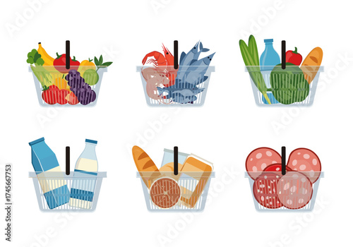 A collection of six different grocery baskets filled with various food items for everyday shopping needs.