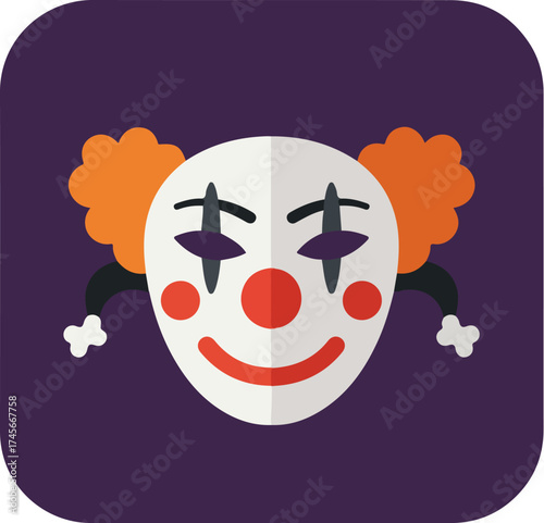 Portrait of a clown with white face paint, red eyes, and orange hair against a purple background