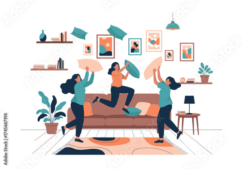 Three friends playfully having a lively pillow fight in a cozy living room.