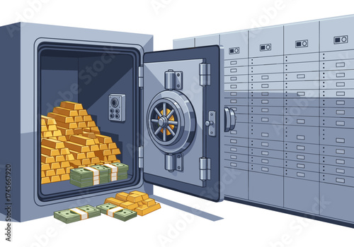 Securing valuable assets with a large open vault filled with gold bars and stacks of cash.
