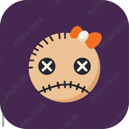 Close-up portrait of a handmade doll with peach-toned skin, black stitching, and an orange bow on a purple background
