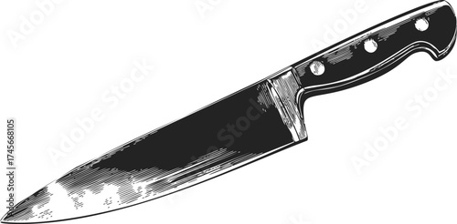 Chef's knife sketch hand drawn kitchen utensil with detailed handle and blade — stock vector