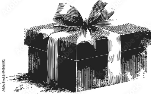 Gift box sketch hand drawn with ribbon and bow, black and white — stock vector