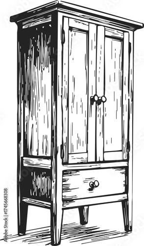 Wooden cabinet sketch, hand drawn vintage furniture with doors and drawer — stock vector