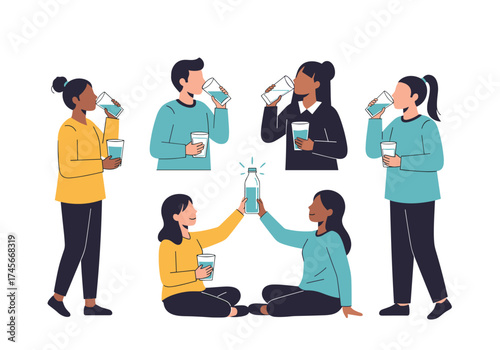Diverse group of people enjoying healthy beverages together and toasting with water bottles for refreshment and hydration.