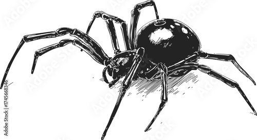 Black widow spider sketch, hand drawn vector, detailed side view arachnid illustration — stock vector