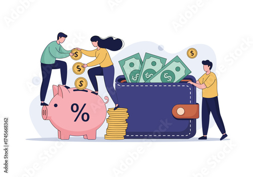 Saving money and managing personal finances with a piggy bank and wallet.