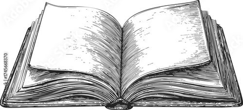 Open book hand drawn sketch illustration with detailed pages — stock vector