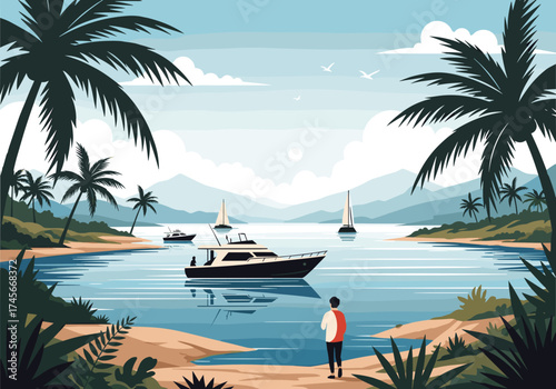 A tranquil tropical bay with palm trees and boats docked offshore waiting for adventurers.