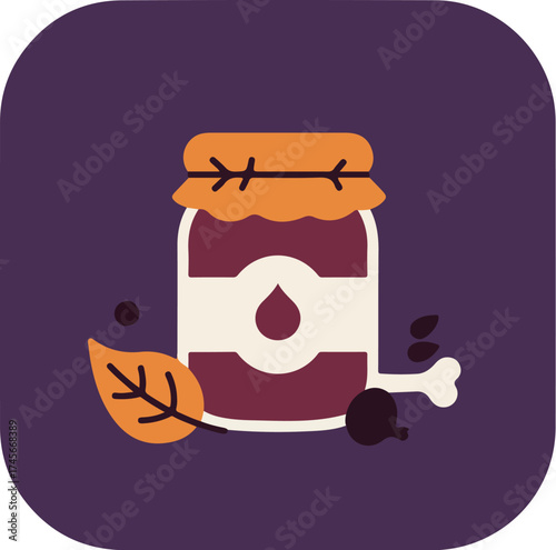 Whimsical still-life illustration with a striped jar, leaf, and bone on a purple background