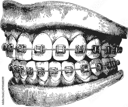 Teeth with dental braces sketch, hand drawn orthodontic treatment closeup — stock vector