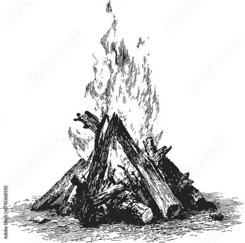 Campfire sketch hand drawn style with burning logs and flames — stock vector