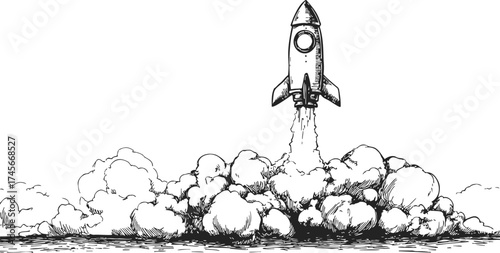 Rocket launch sketch, hand drawn style with smoke clouds and dynamic liftoff — stock vector