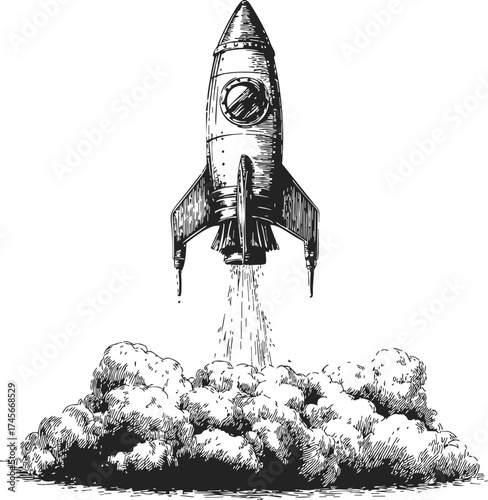 Rocket sketch hand drawn launching with smoke clouds and retro style — stock vector