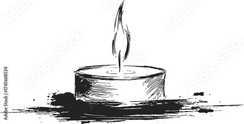 Candle sketch hand drawn with flame and ink splatter on white background — stock vector