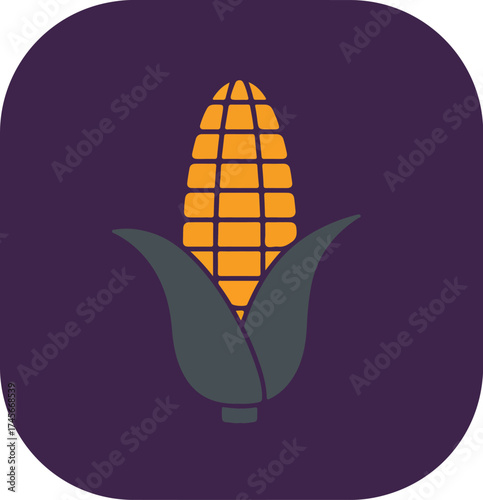 Stylized flat graphic illustration of a single ear of corn with bright orange kernels and green husk on dark purple background