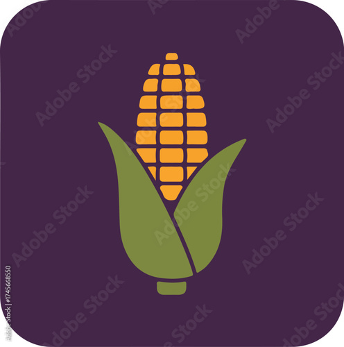 Meticulously detailed ear of corn with vibrant yellow-orange kernels and green leaves on a deep purple background
