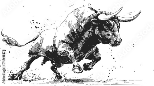 Bull sketch hand drawn charging dynamic pose with dust and motion lines — stock vector